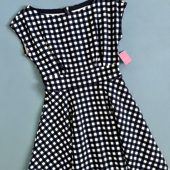 NWT Kate Spade Gingham Ponte Fiorella Navy Blue White Fit & Flare Dress - Picture 5 of 9